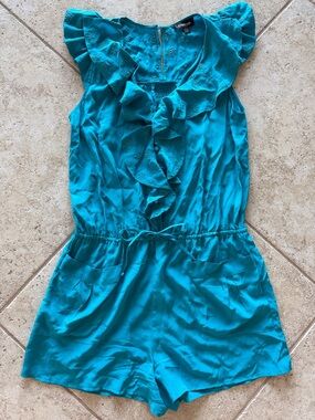 BEBE Silk Teal Ruffle Front One-Piece Romper